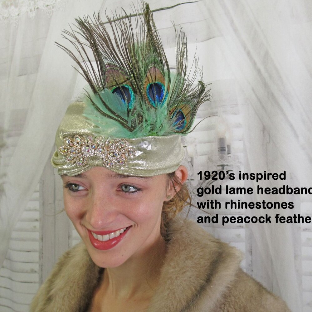 Stretch gold lame headband, 1920's Flapper style, 5 inch tall Peacock feathers